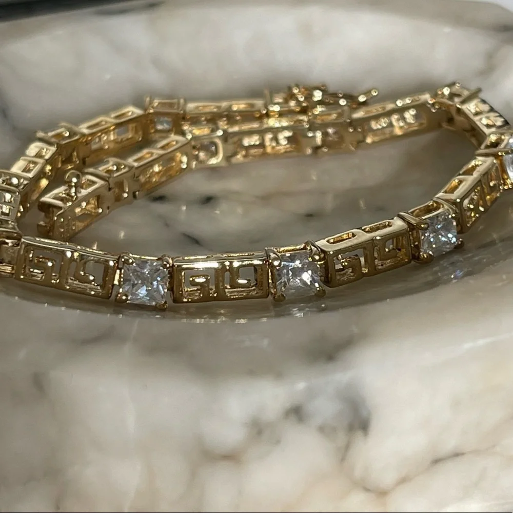 VTG Ross Simons sterling silver 925 CZ Greek key gold vermeil tennis bracelet - Picture 3 of 15